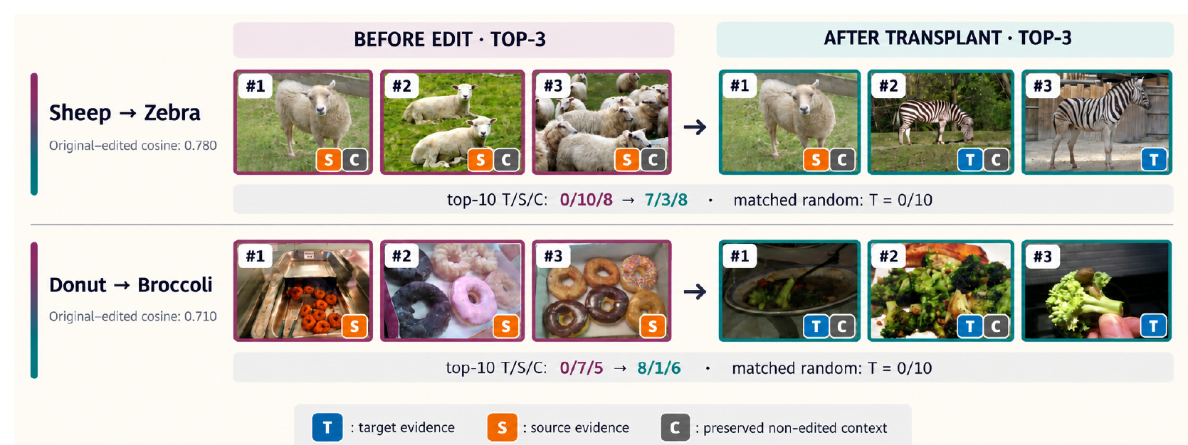 Top-3 nearest COCO images before and after latent transplants. Sheep to zebra: three sheep photos become one sheep and two zebras. Donut to broccoli: three donut photos become three broccoli photos.